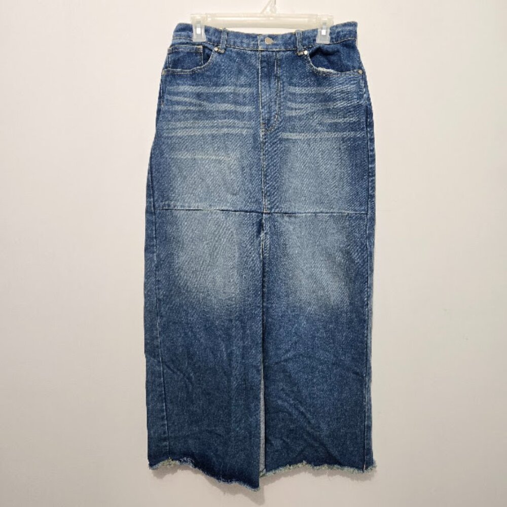 Elan Womens Blue Denim Maxi Skirt Sz L Whisker Slit Country Western Cowgirl Boho